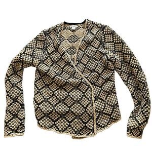 EUC Lucky Brand Black Tan Wrap crochet Cardigan Diamond Pattern Gold Thread, L